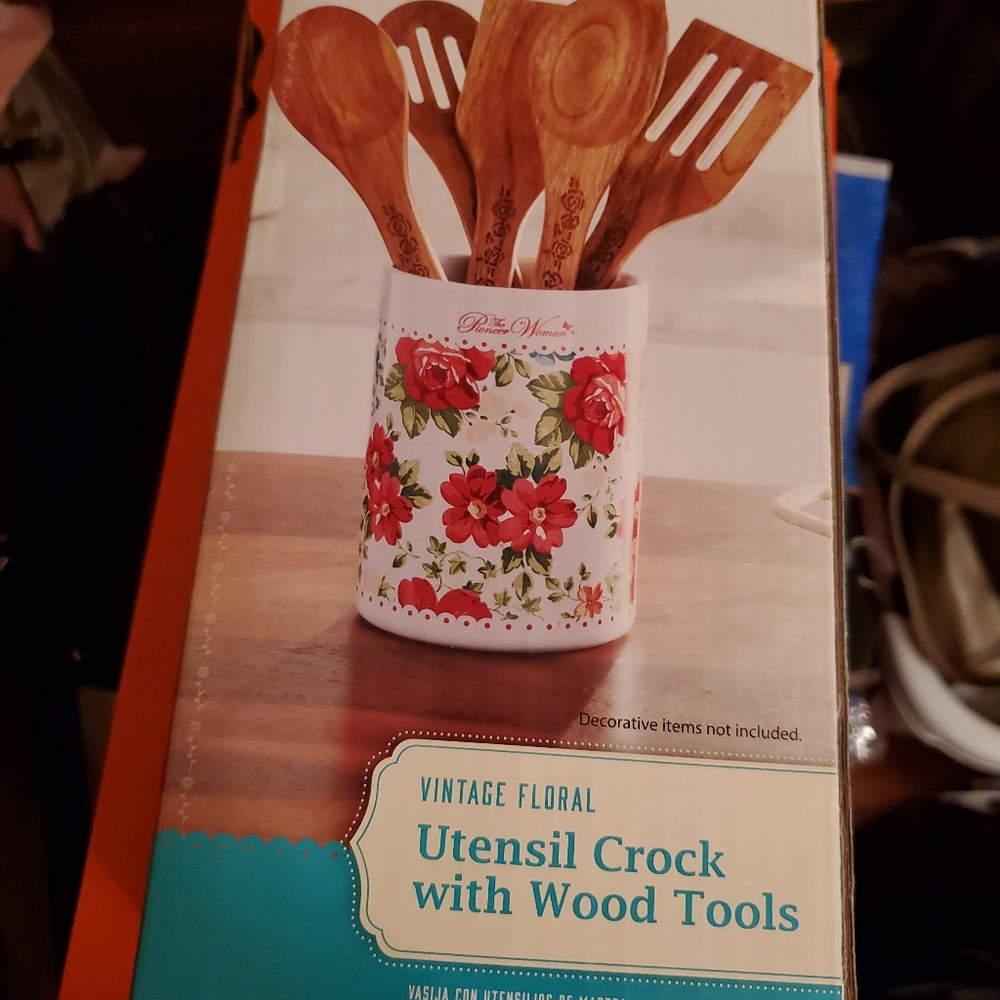 The Pioneer Woman Vintage Floral Utensil Crock  5pc Acacia Wood Tools Holder